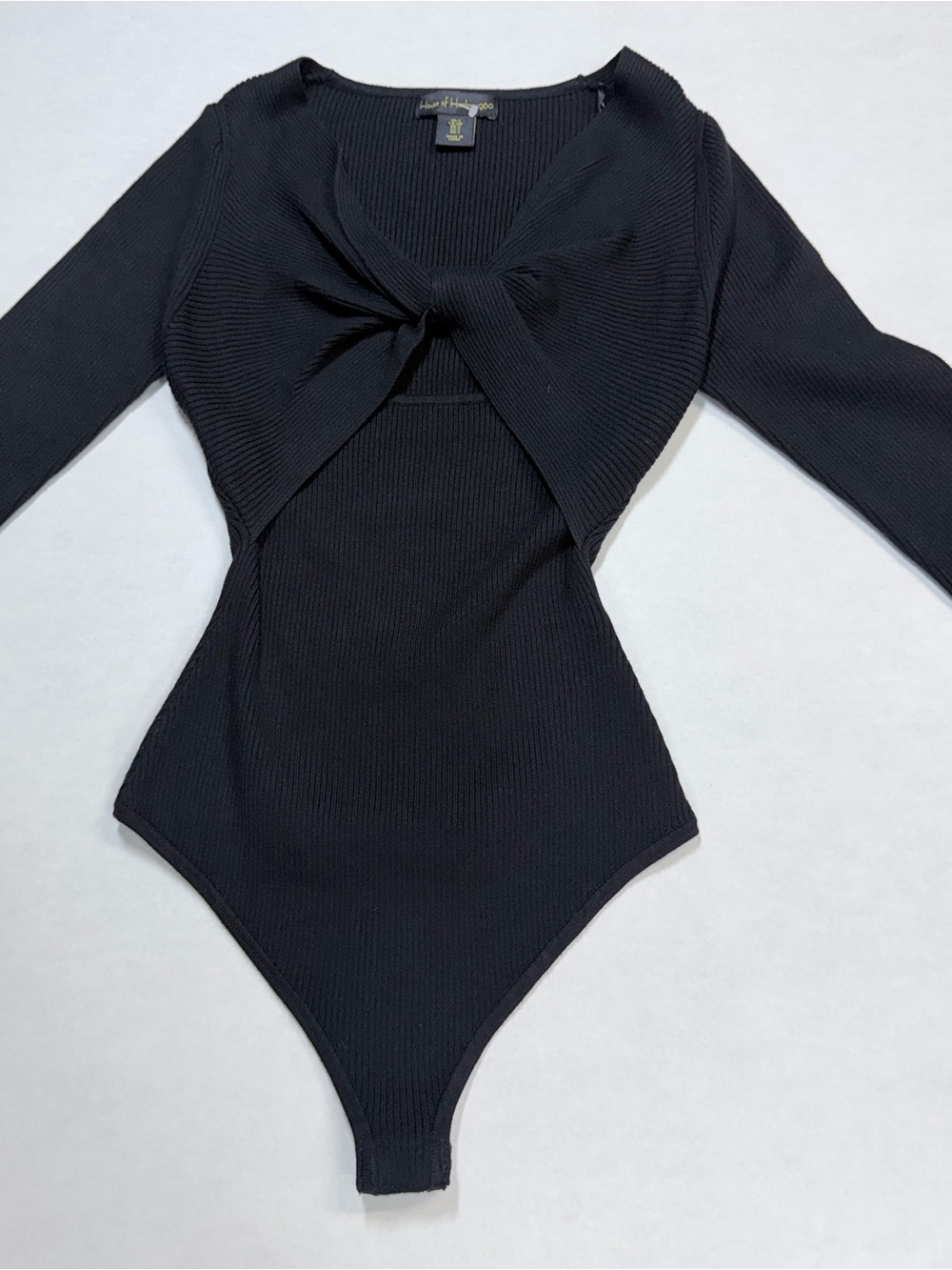 House of Harlow 1960 Black Ribbed Twist Front Long Sleeve Bodysuit Small